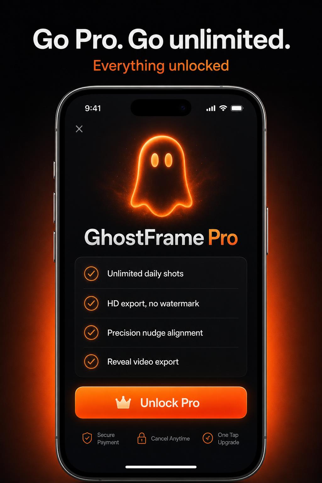 GhostFrame Pro upgrade screen with unlimited shots, HD export and precision alignment